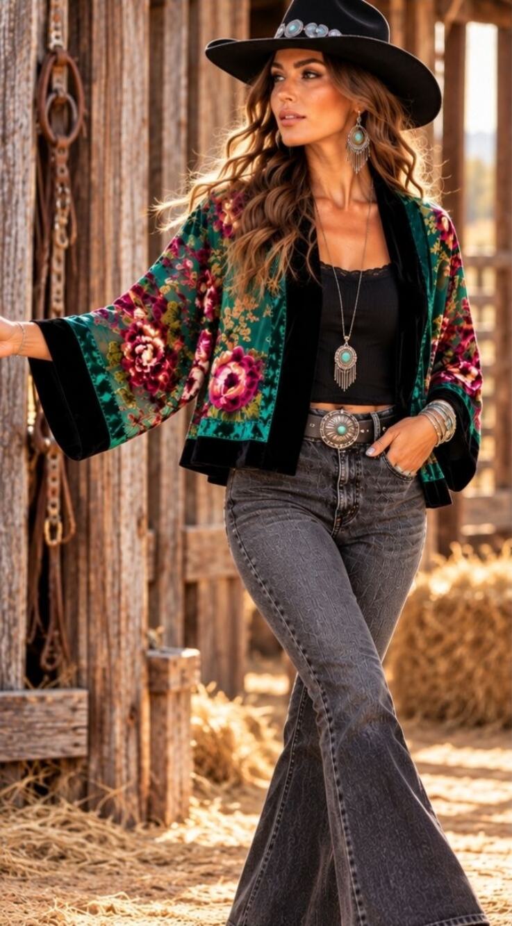 Soft Surroundings Emerald Floral Velvet Burnout Kimono Jacket Boho L/XL